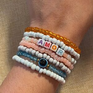 Stacked Beaded 'AMOR' Bracelet Set - Pastel Pink, White, Blue & Amber
